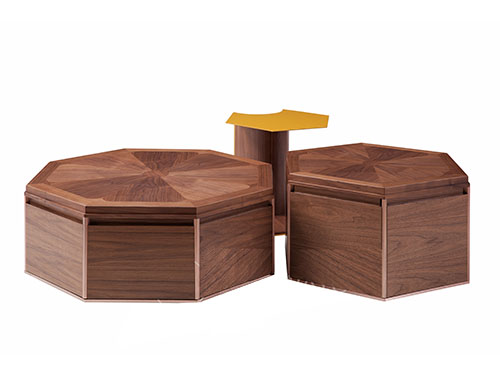 組合茶几2 個北美胡桃木實木貼面1個金屬黃色焗漆<br>L900*W900*H380mm<br>L746*W646*H453mm<br>L459*W401*H560mm<br>L-TEAPOY 005
